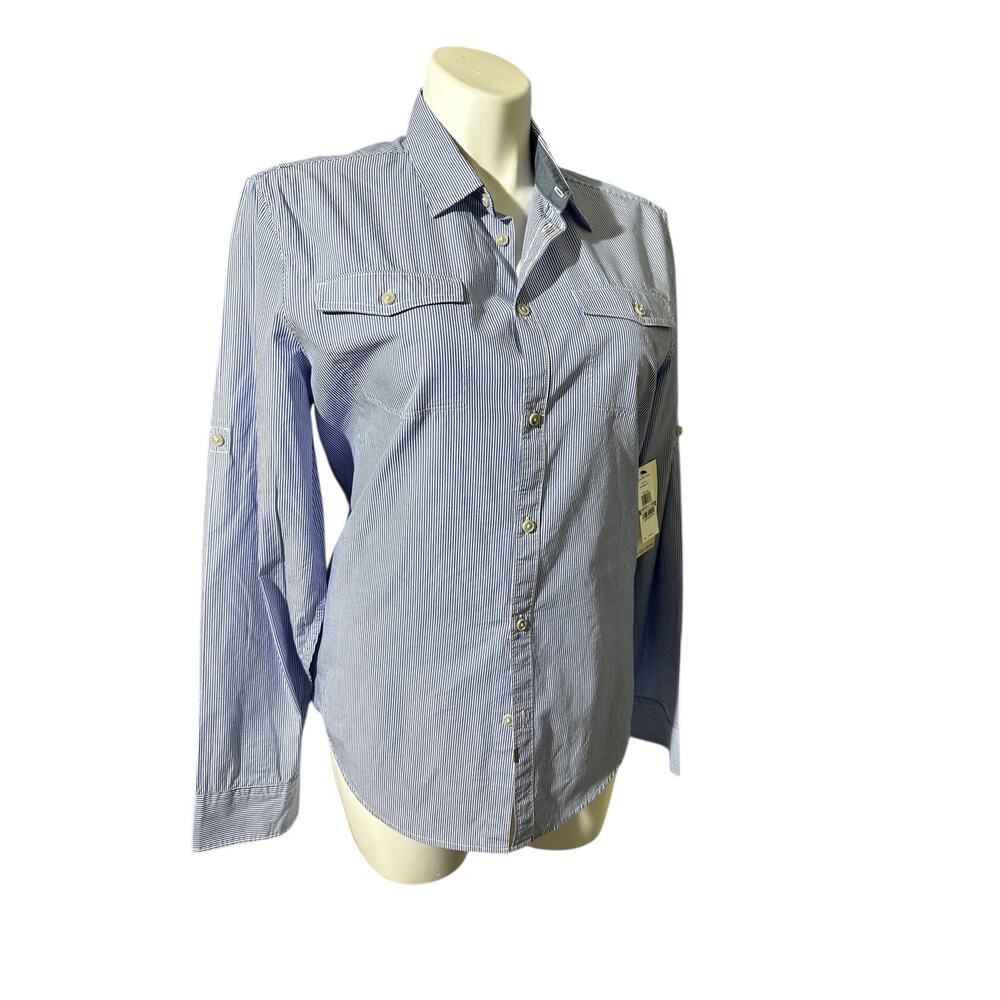 Calvin Klein Blue White  Classic Striped Button Down Shirt NWT Roll Tab Sleeve